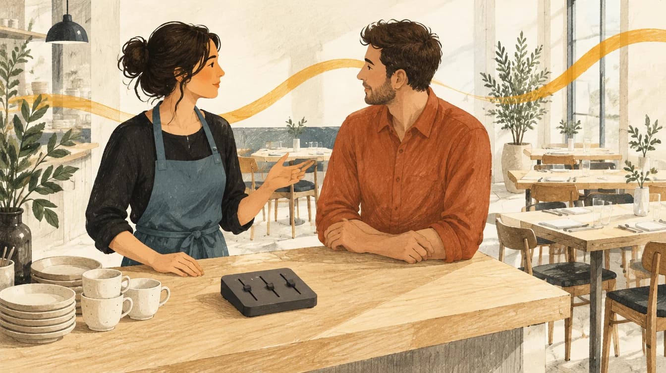Illustration de deux collègues échangeant au comptoir avant le service, près d’une commande musicale.