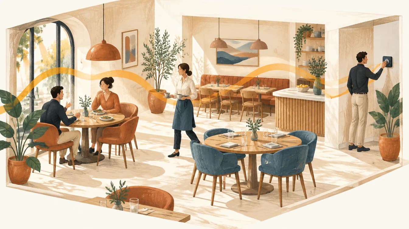 Illustration d’un restaurant où clients, serveuse et dirigeant partagent une même ambiance musicale.