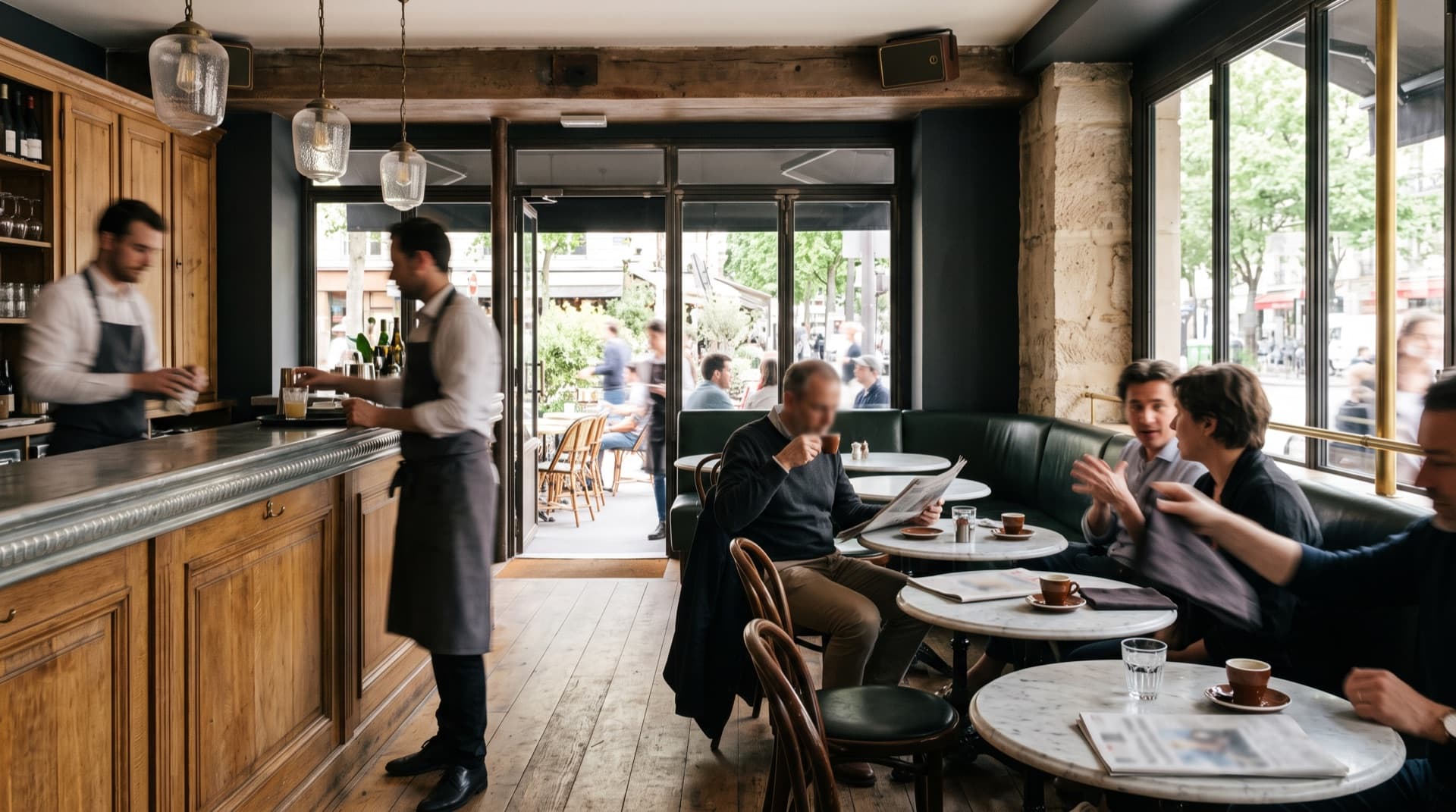 Café brasserie français en service avec clients au comptoir