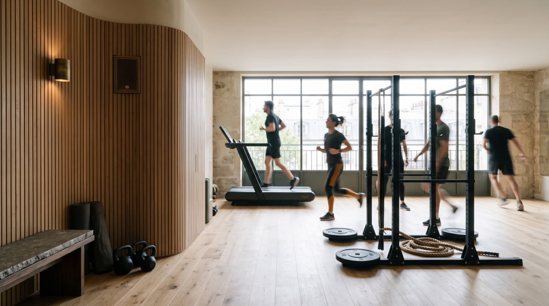 Studio de sport lumineux avec adhérents en mouvement