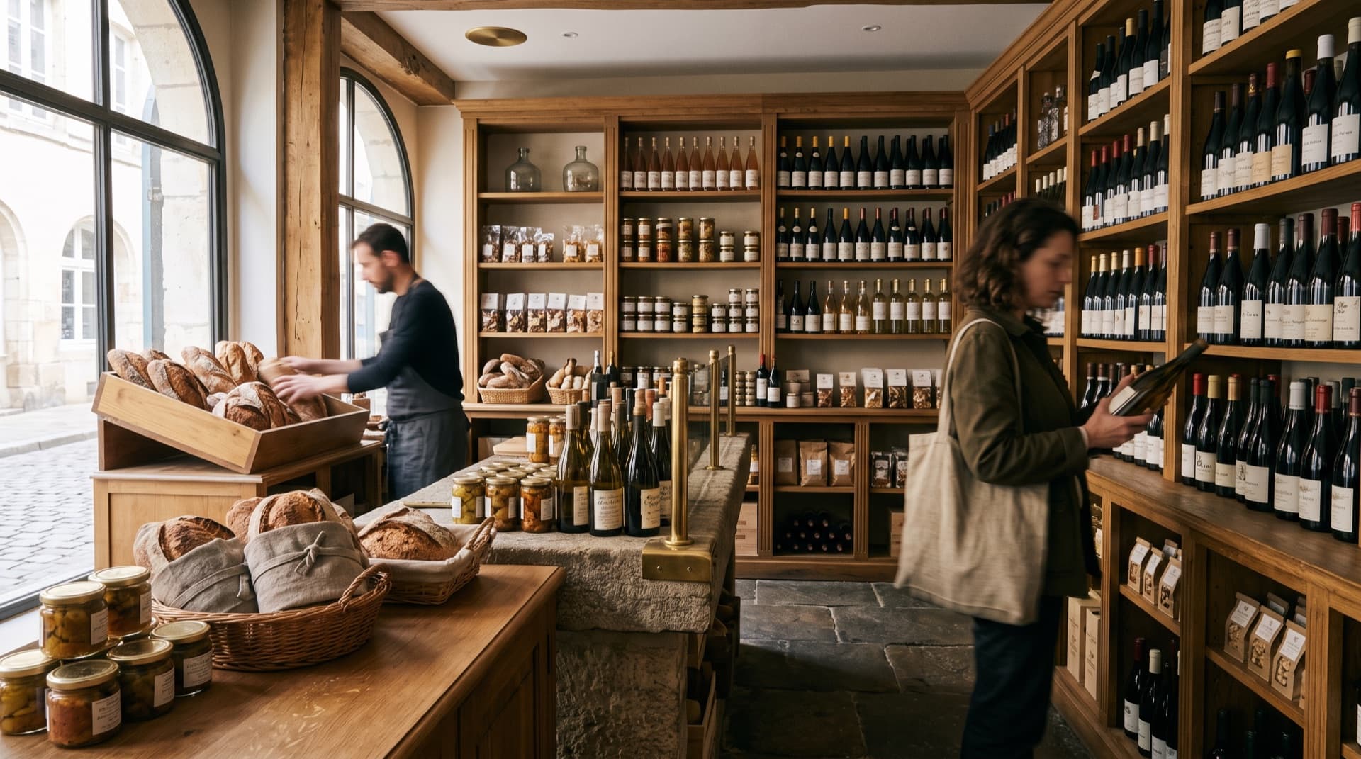 Commerce alimentaire premium avec comptoir, rayonnages et clients