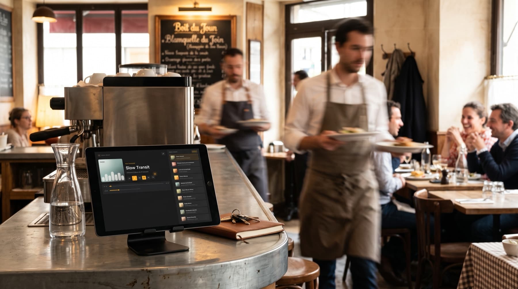 Player Humify sur une tablette posée sur le comptoir d'un bistrot en plein service