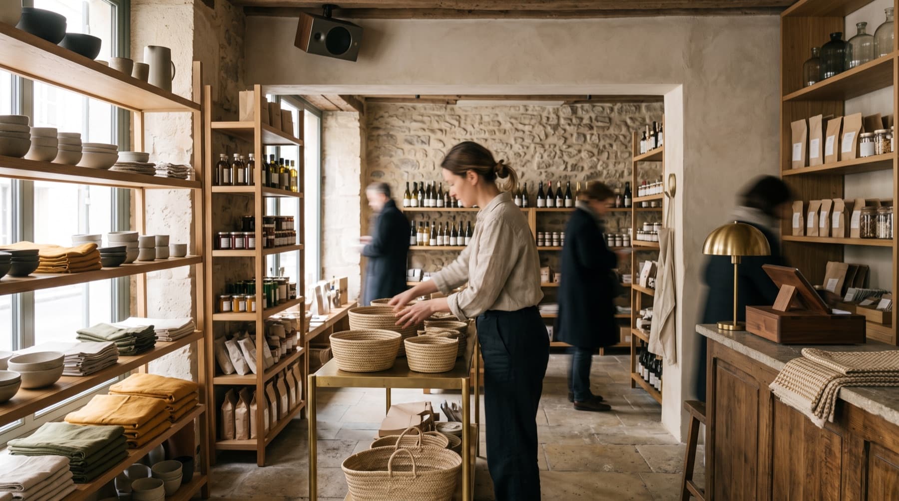 Boutique lumineuse avec produits, clients et enceinte discrète