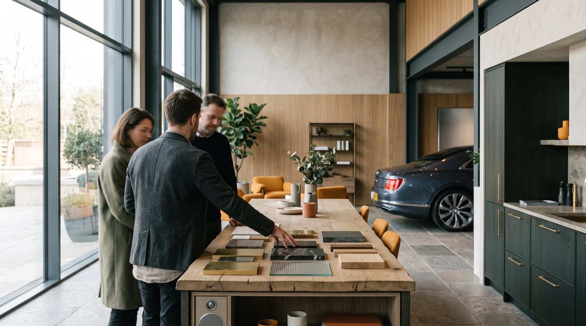 Showroom premium avec clients, conseiller et espace de démonstration