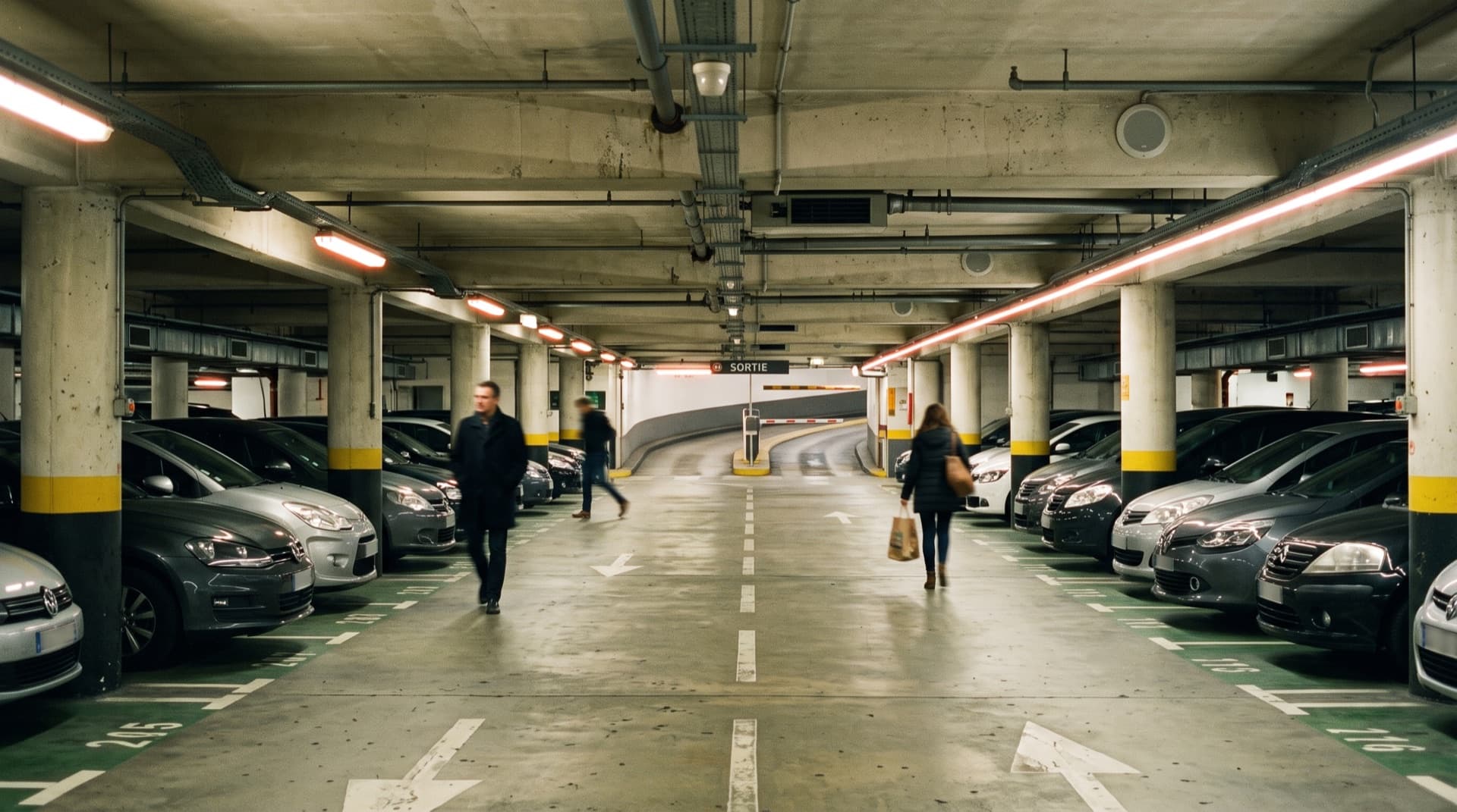 Parking souterrain français avec voitures, marquage au sol et sortie