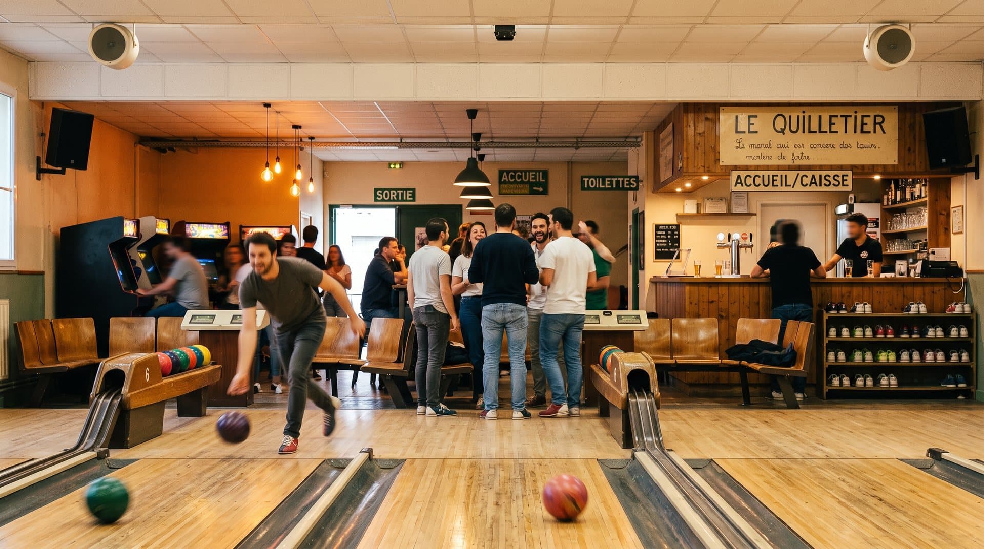 Lieu de loisirs actif avec piste, jeux et clients en mouvement