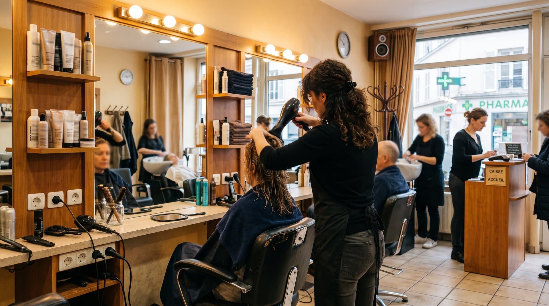 Salon de beauté premium avec fauteuils, miroirs et accueil client