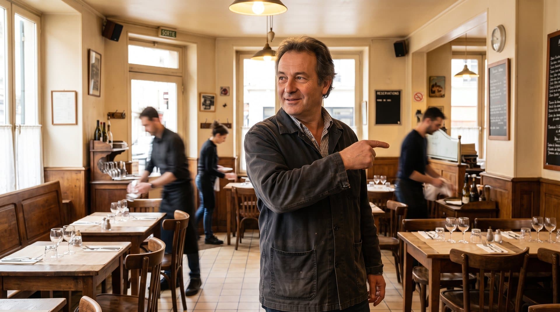 Restaurateur fier de son établissement montrant une zone précise de la salle