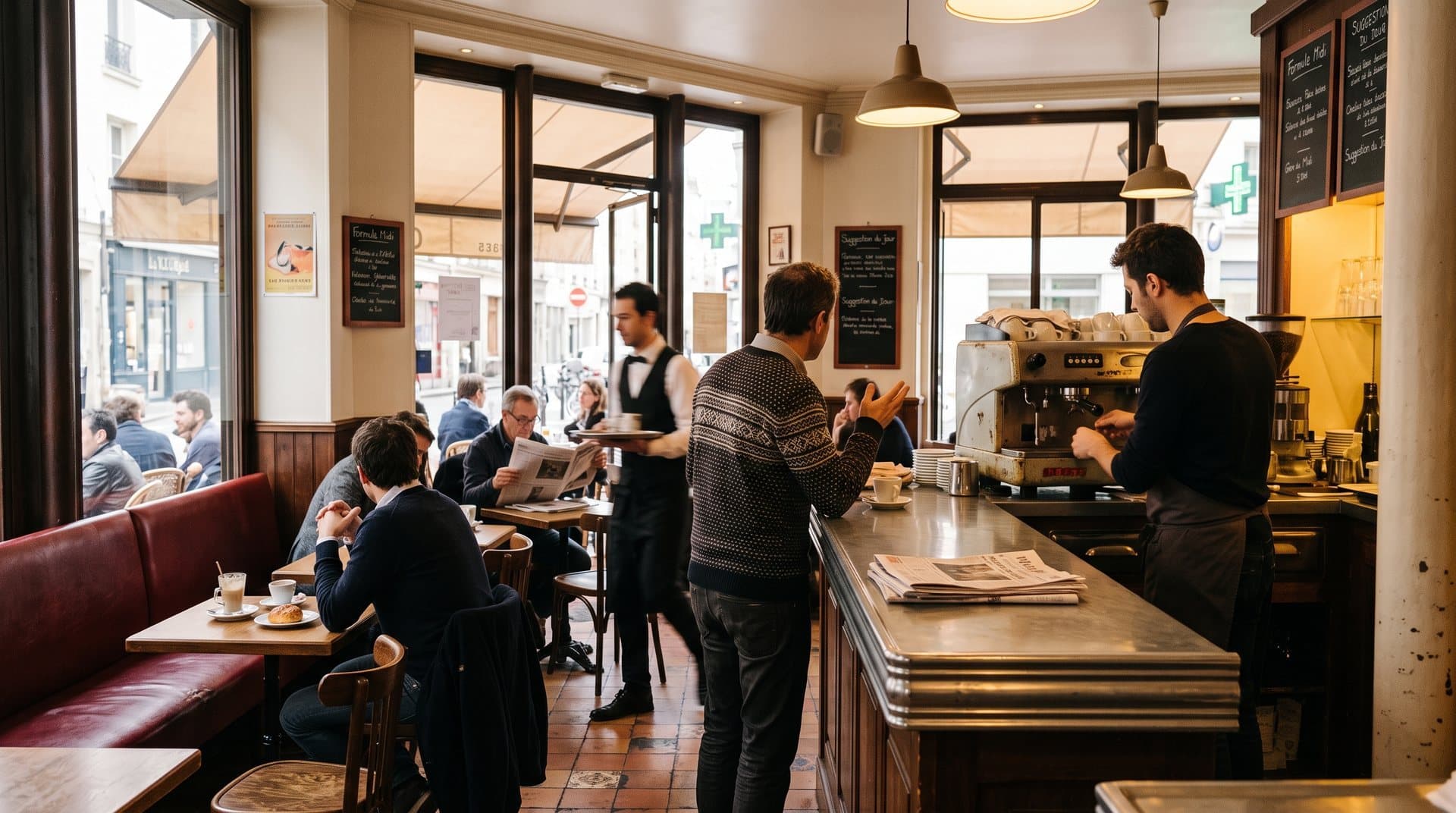 Café brasserie français en service avec clients au comptoir
