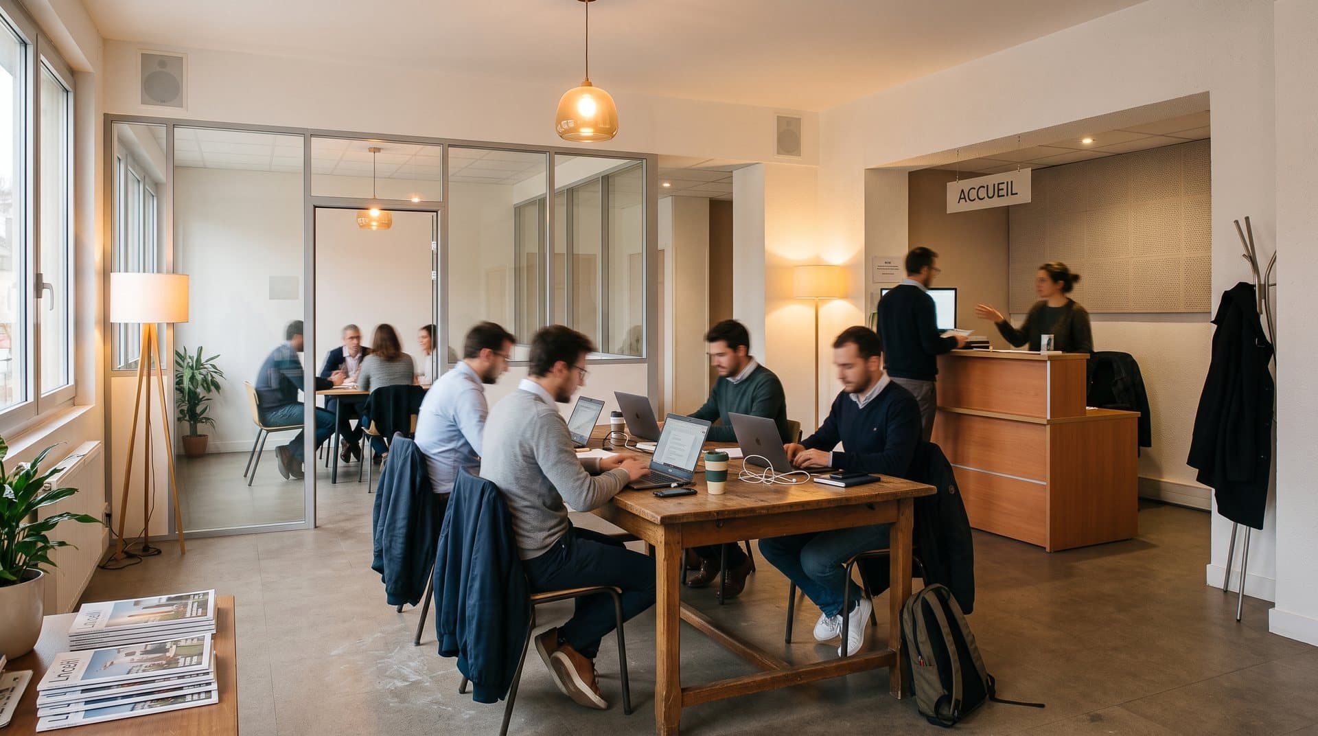 Espace de coworking avec postes partagés et salle de réunion
