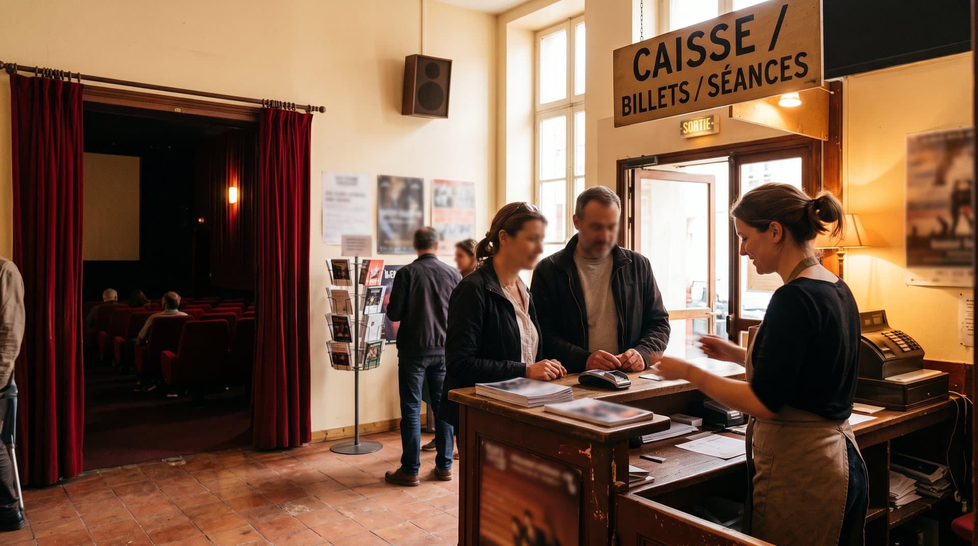 Lieu culturel avec visiteurs, éclairage doux et espace d'exposition