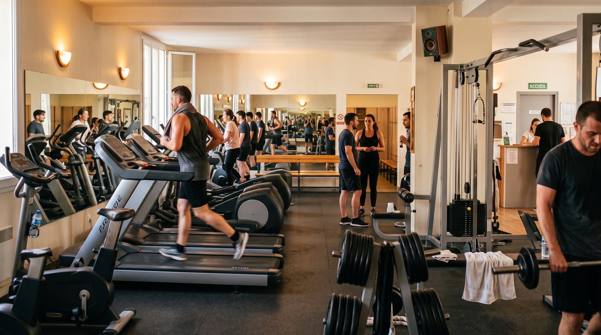 Studio de sport lumineux avec adhérents en mouvement