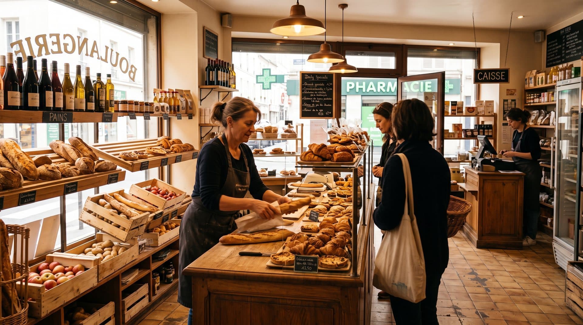 Commerce alimentaire premium avec comptoir, rayonnages et clients