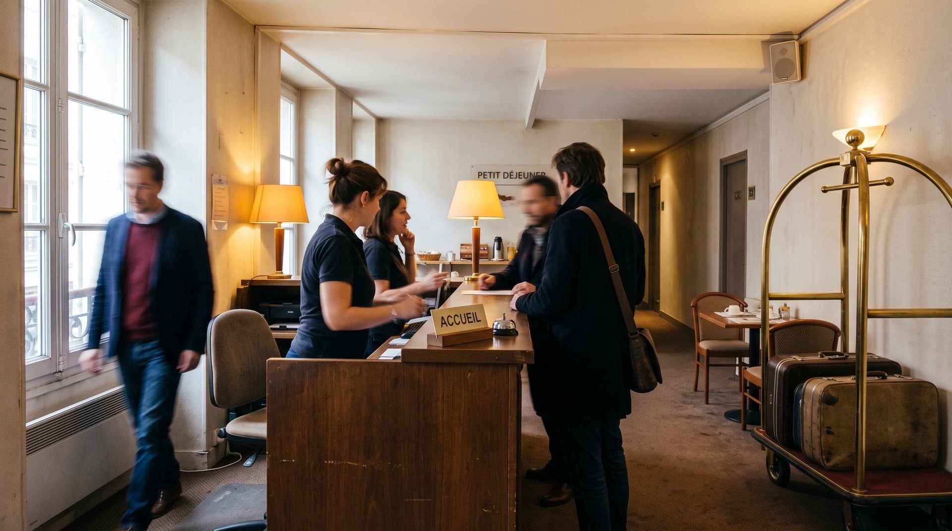 Lobby d'hôtel vivant avec réception, salon et plusieurs zones