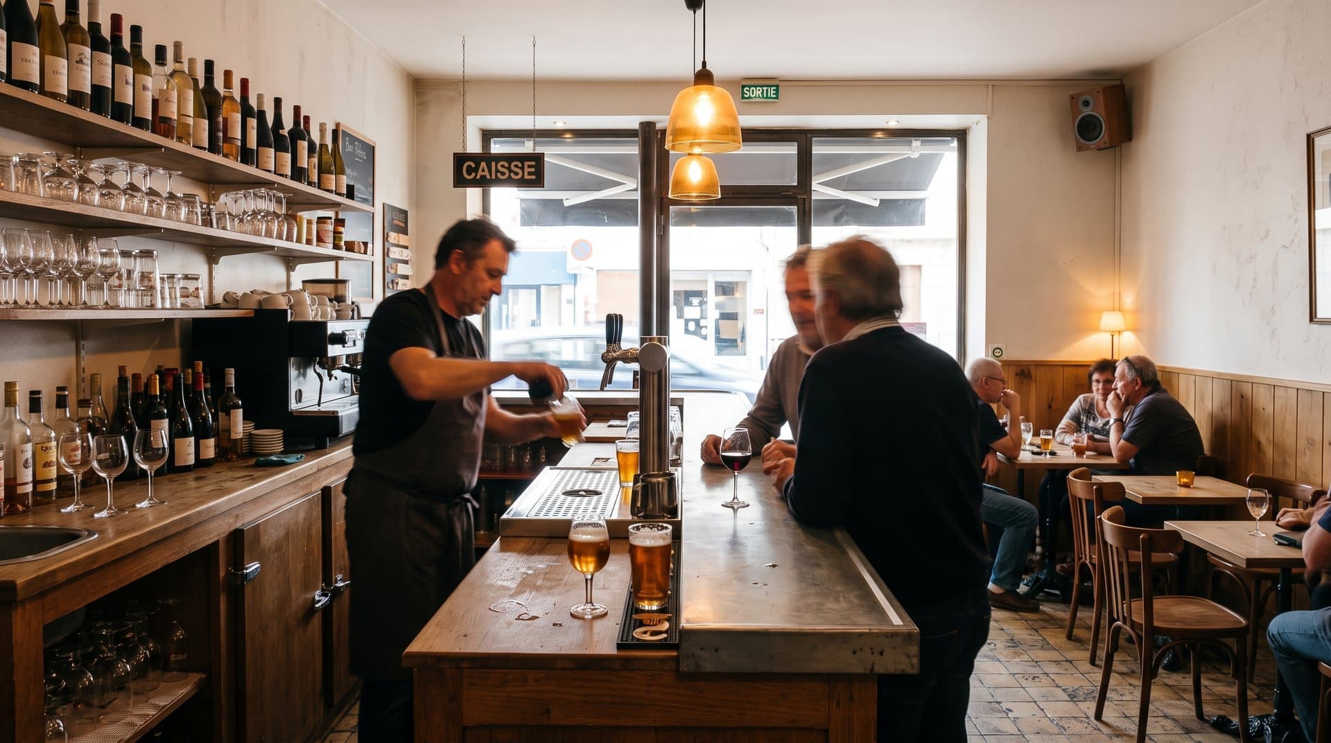 Bar à cocktails en service avec enceinte discrète intégrée au décor