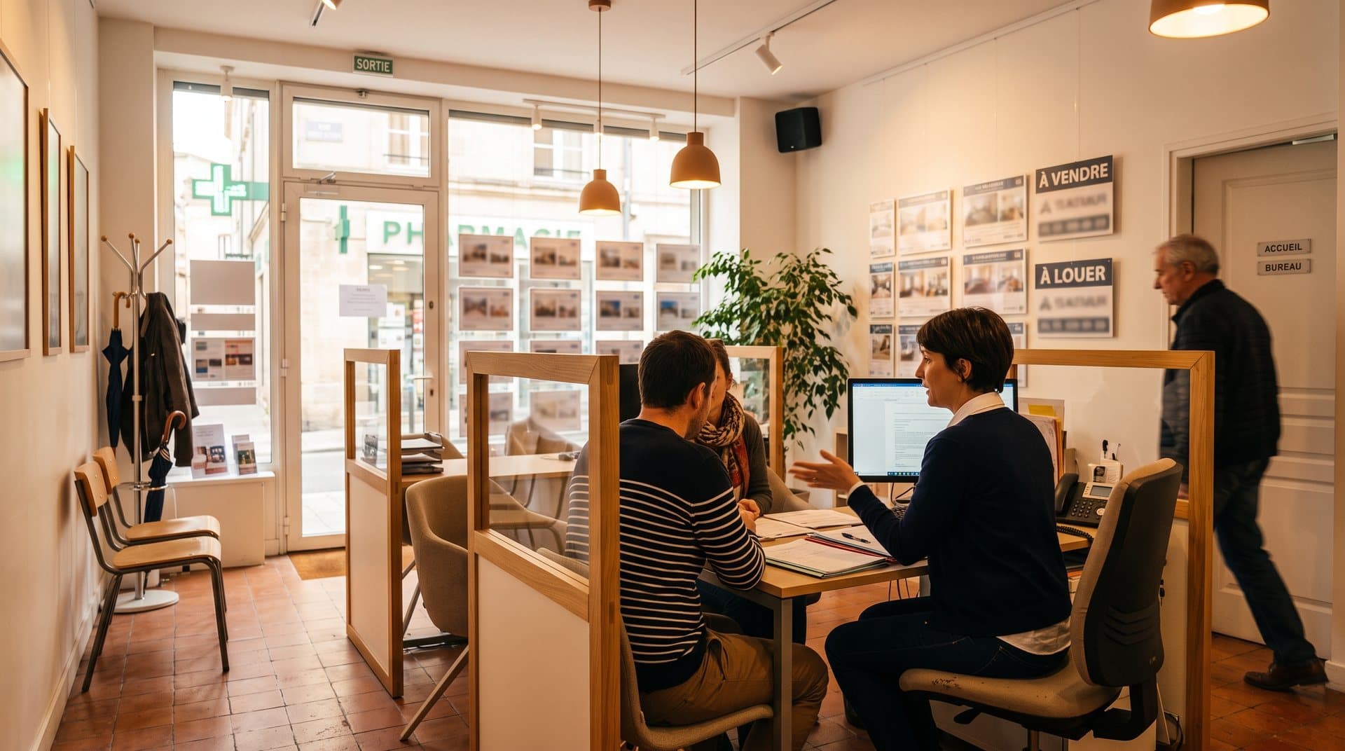 Accueil d'agence professionnelle avec clients et espace conseil