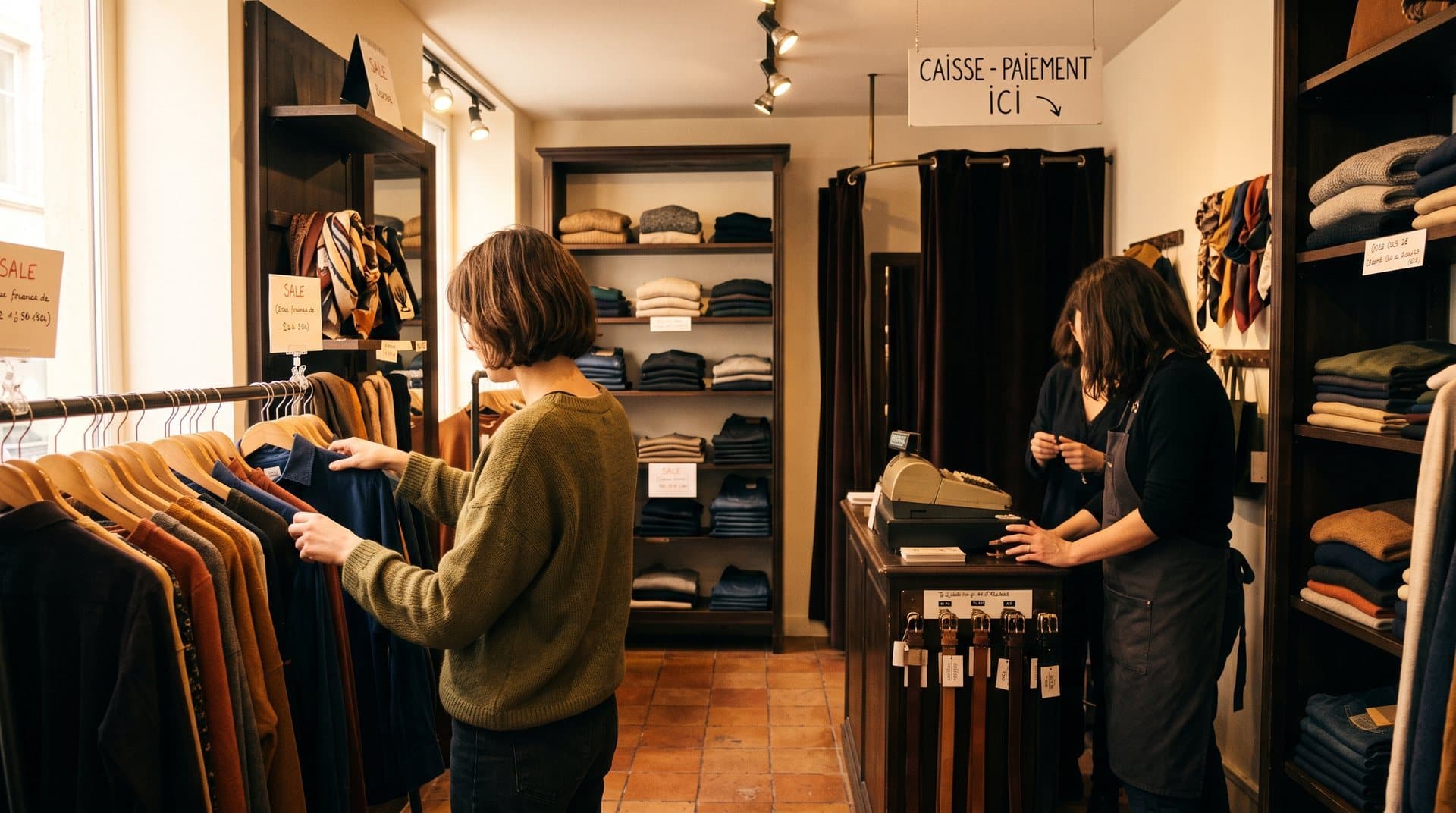 Boutique lumineuse avec produits, clients et enceinte discrète