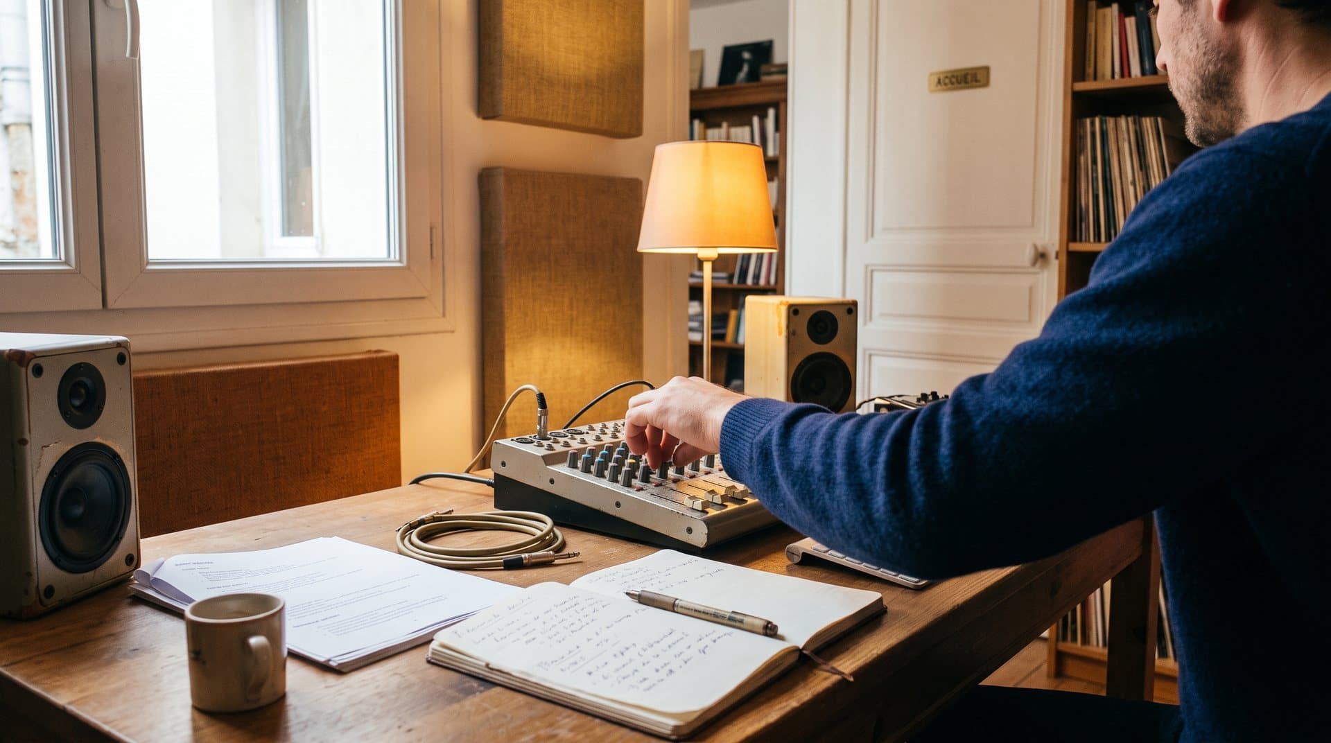 Table de travail audio avec enceintes, brief et contrôle de mixage