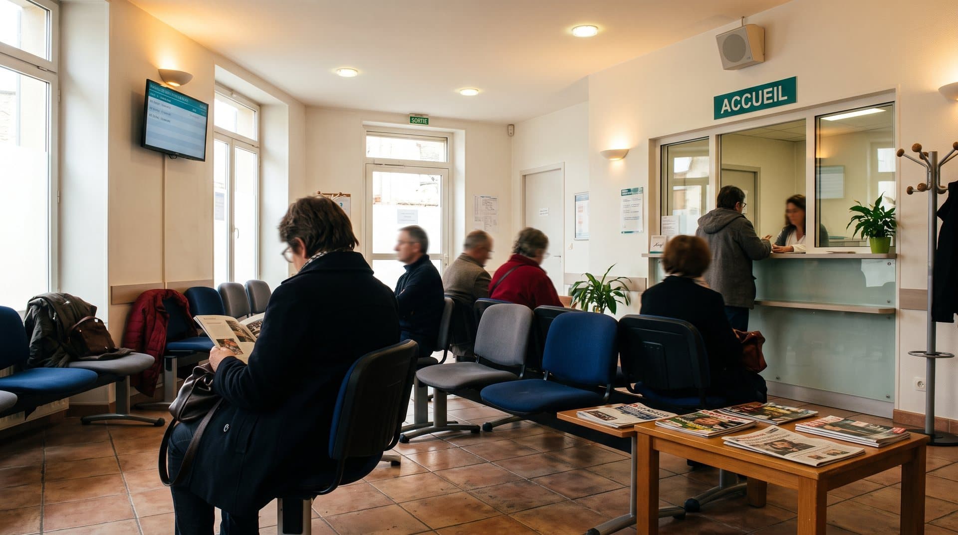 Salle d'attente professionnelle avec accueil et visiteurs assis