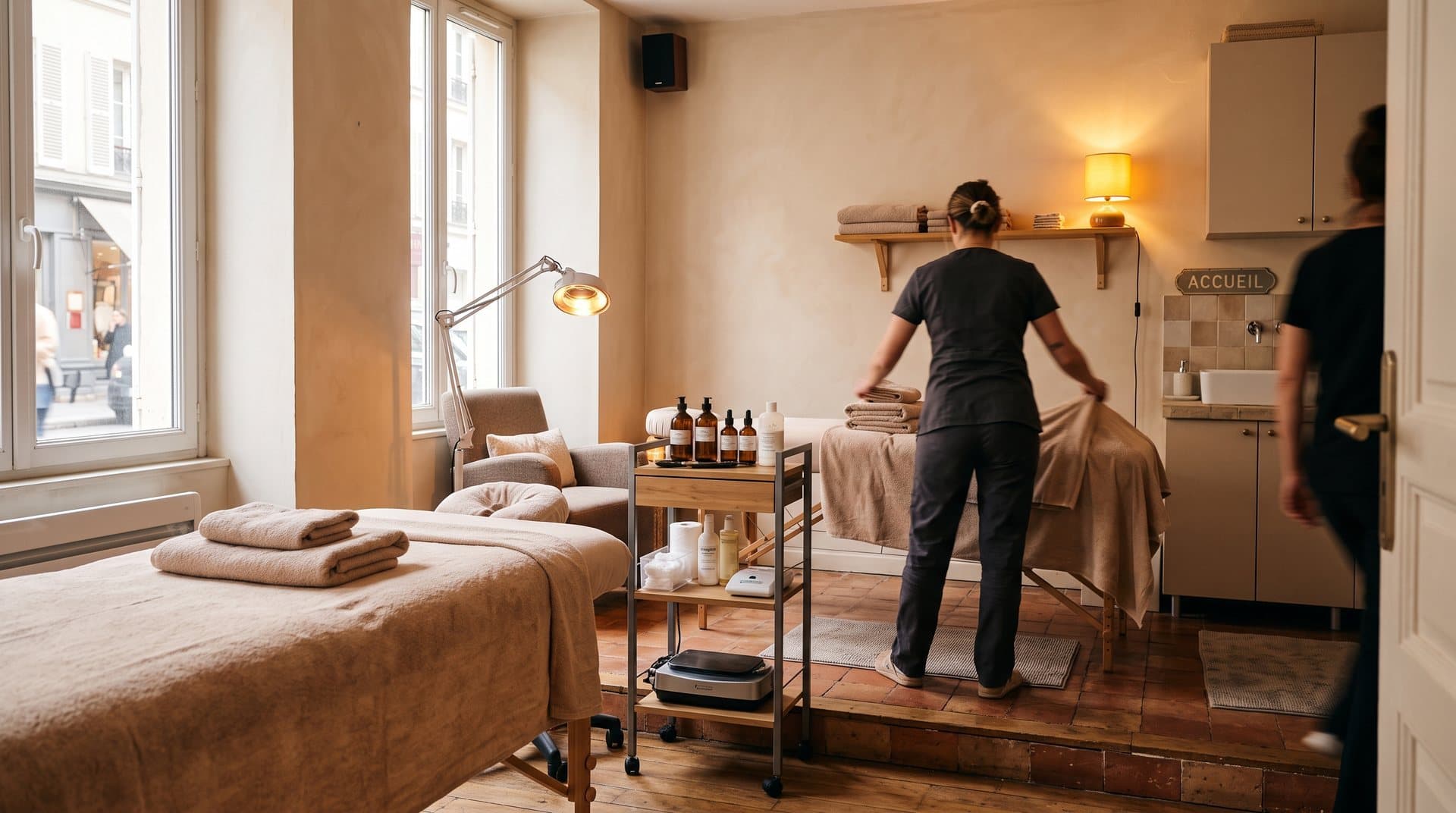 Salle de soin calme avec lumière naturelle et enceinte discrète