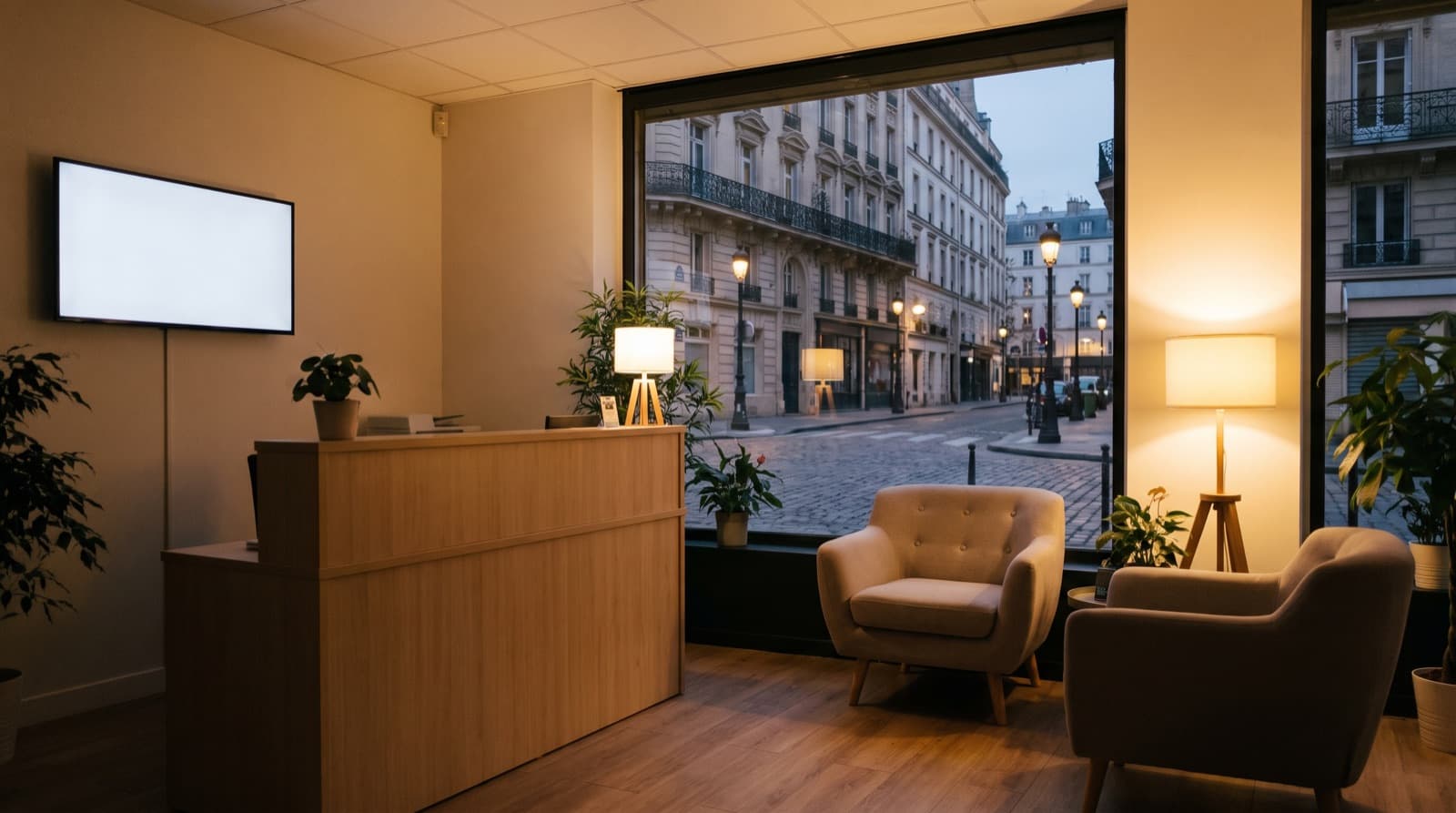 Accueil d'une agence de services en fin de journée, comptoir en bois clair et fauteuils