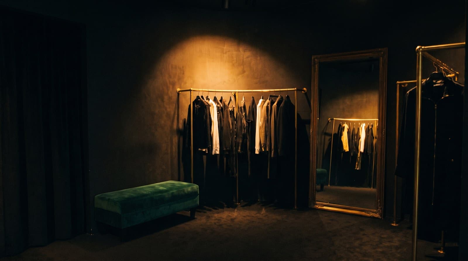 Boutique de mode de nuit, portant en laiton sous un spot ambre