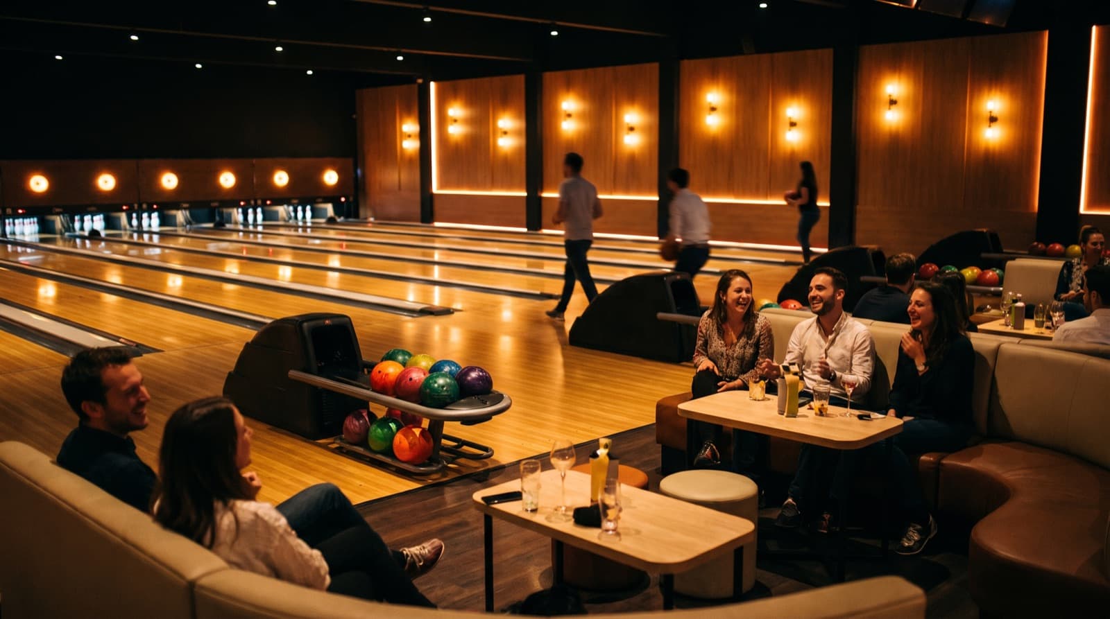 Bowling moderne le soir, pistes vernies sous une lumière chaude