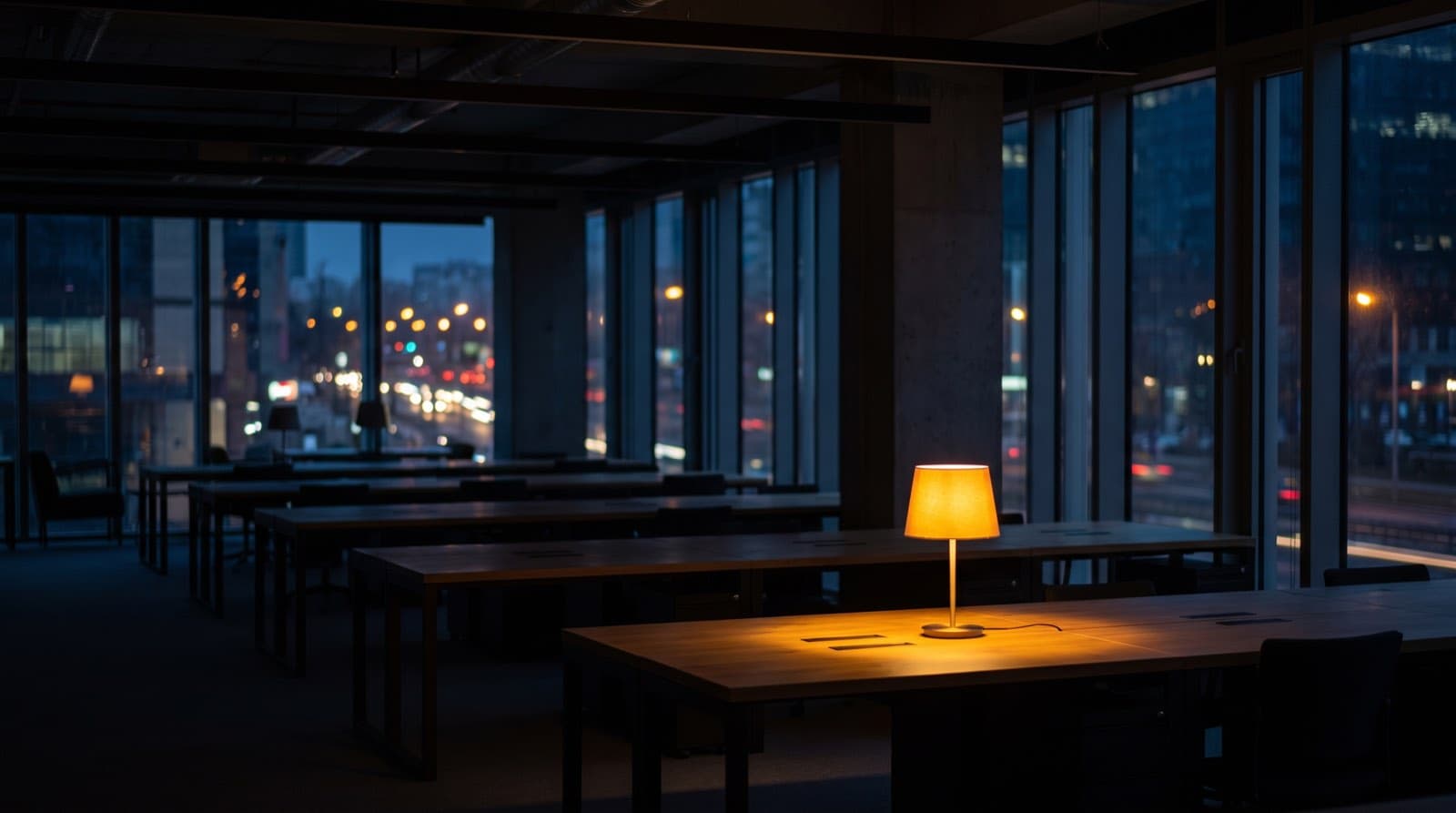 Coworking de nuit, lampes de bureau ambre et ville en fond