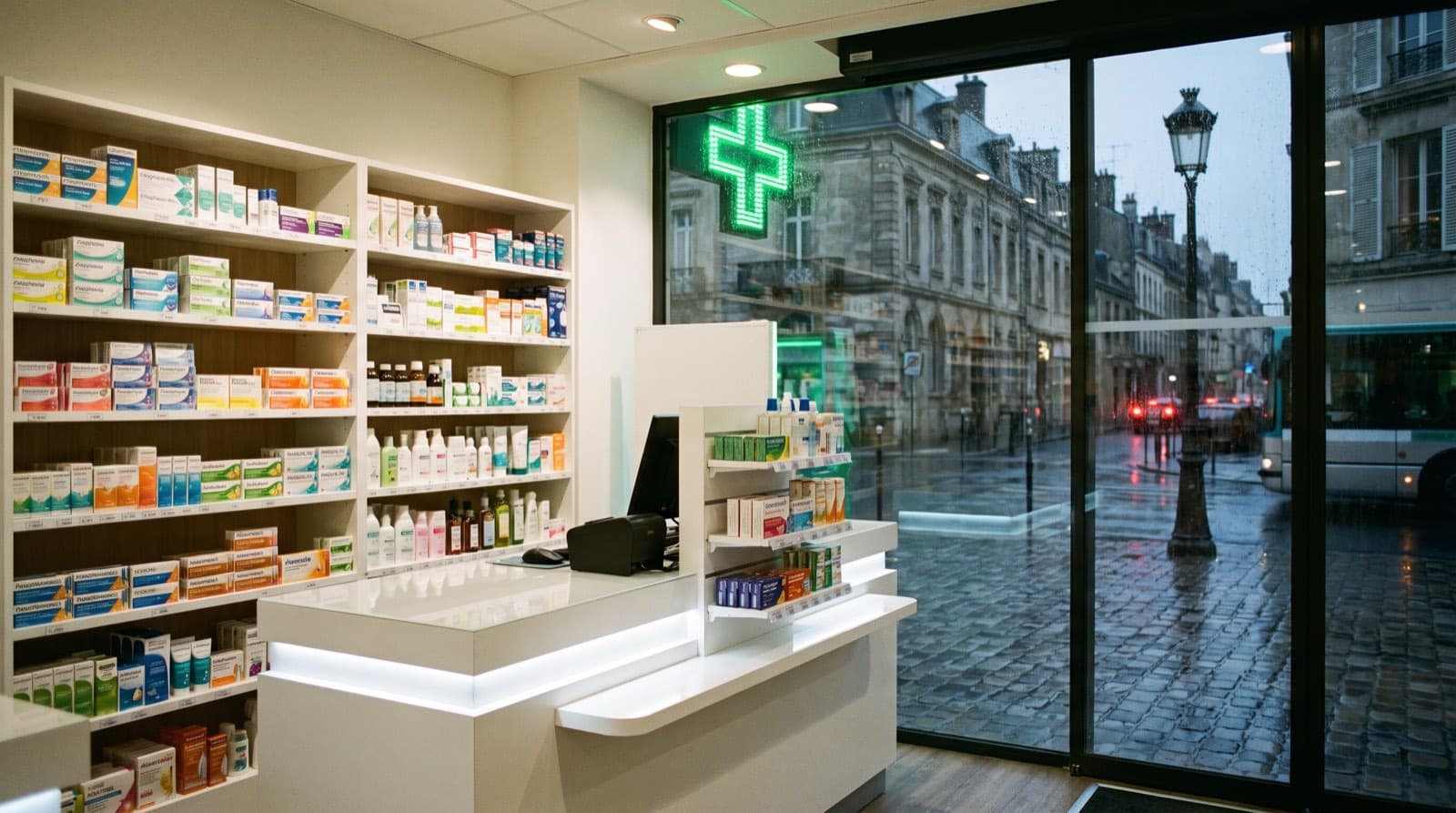 Officine de quartier au crépuscule, rayonnages blancs, croix verte dans la rue