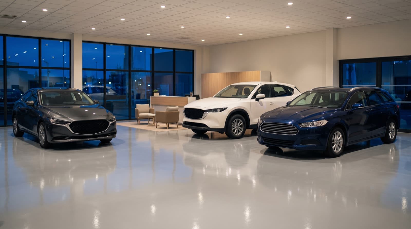 Showroom automobile le soir, voitures neuves sur sol brillant devant les baies vitrées