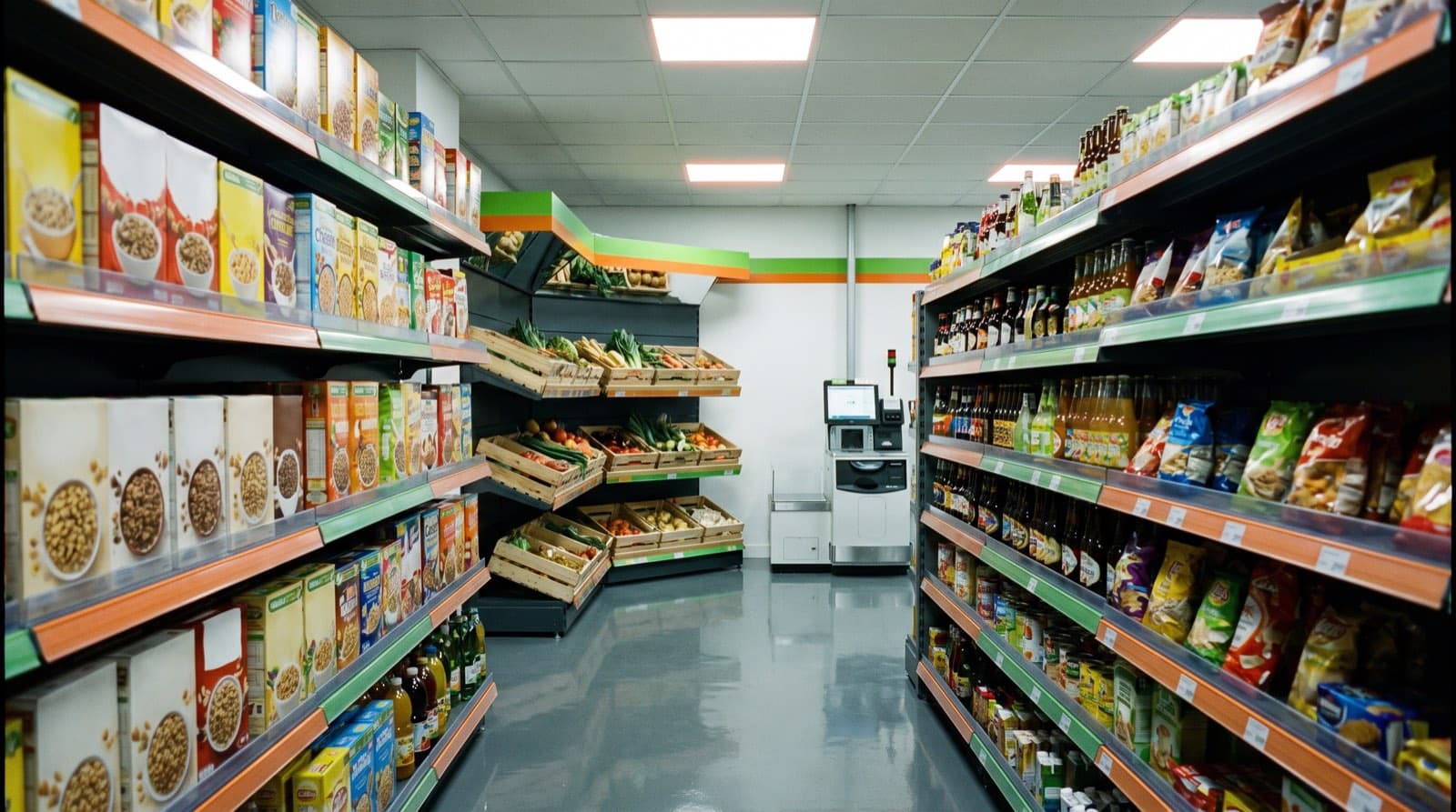 Allée de supermarché de quartier, produits colorés sous les néons blancs