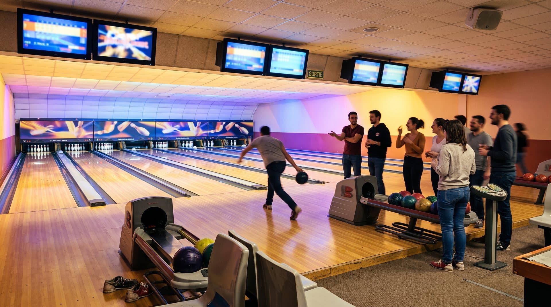 Bowling avec pistes, quilles, boules et lumières colorées
