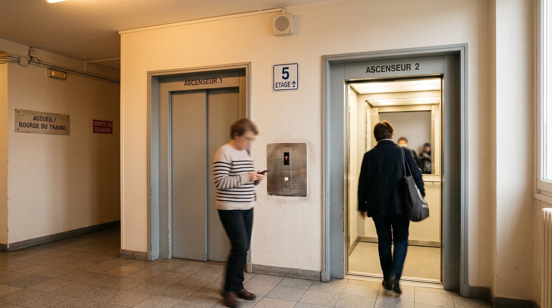 Ascenseur public français avec portes métalliques et personnes en passage