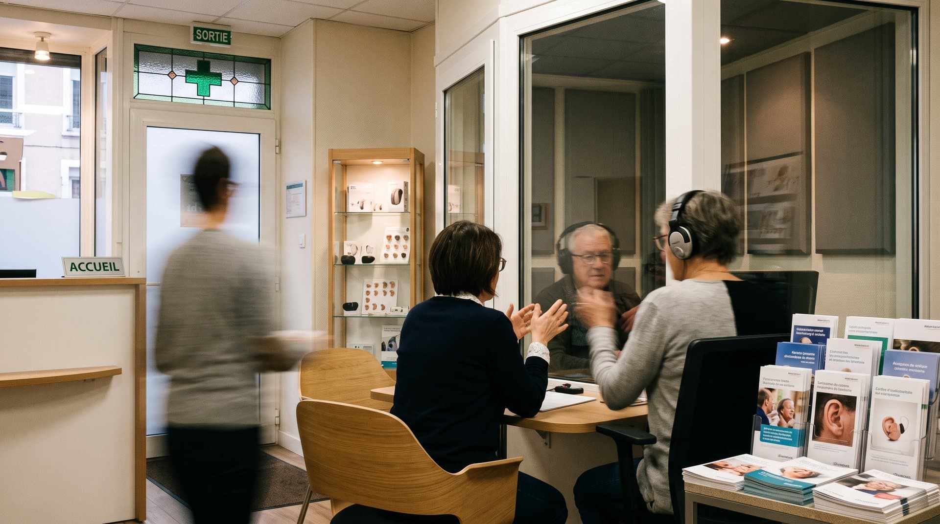 Centre auditif avec cabine de test, audioprothésiste et patient