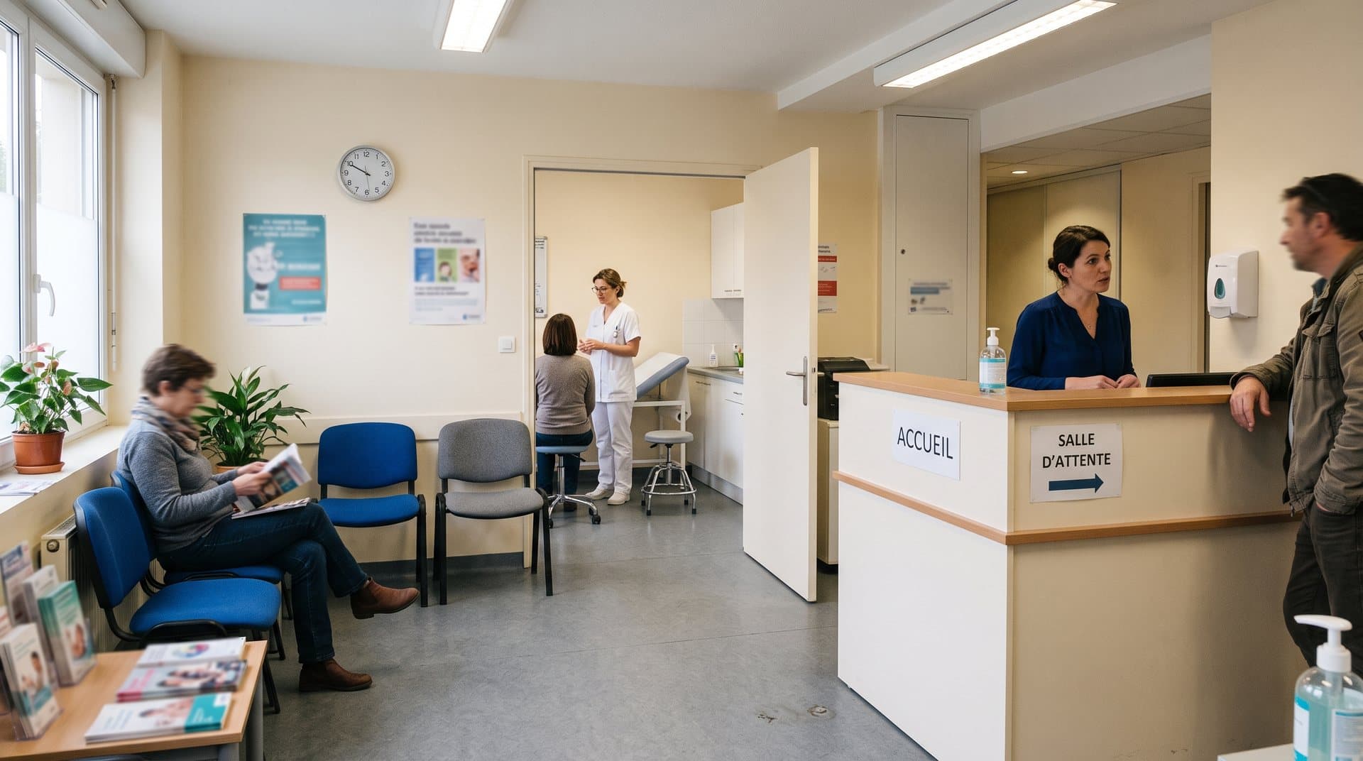 Cabinet médical blanc avec accueil, salle d'attente et salle d'examen