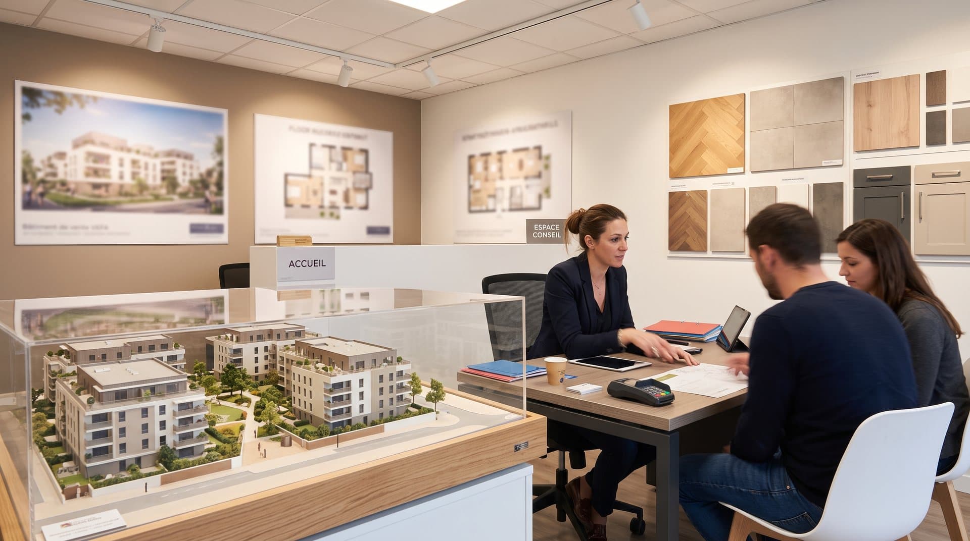 Espace de vente immobilier neuf avec maquette et conseiller
