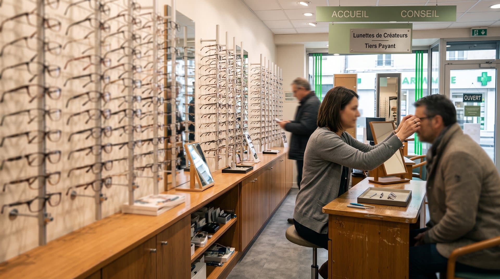 Magasin d'optique avec murs de lunettes et essayage client