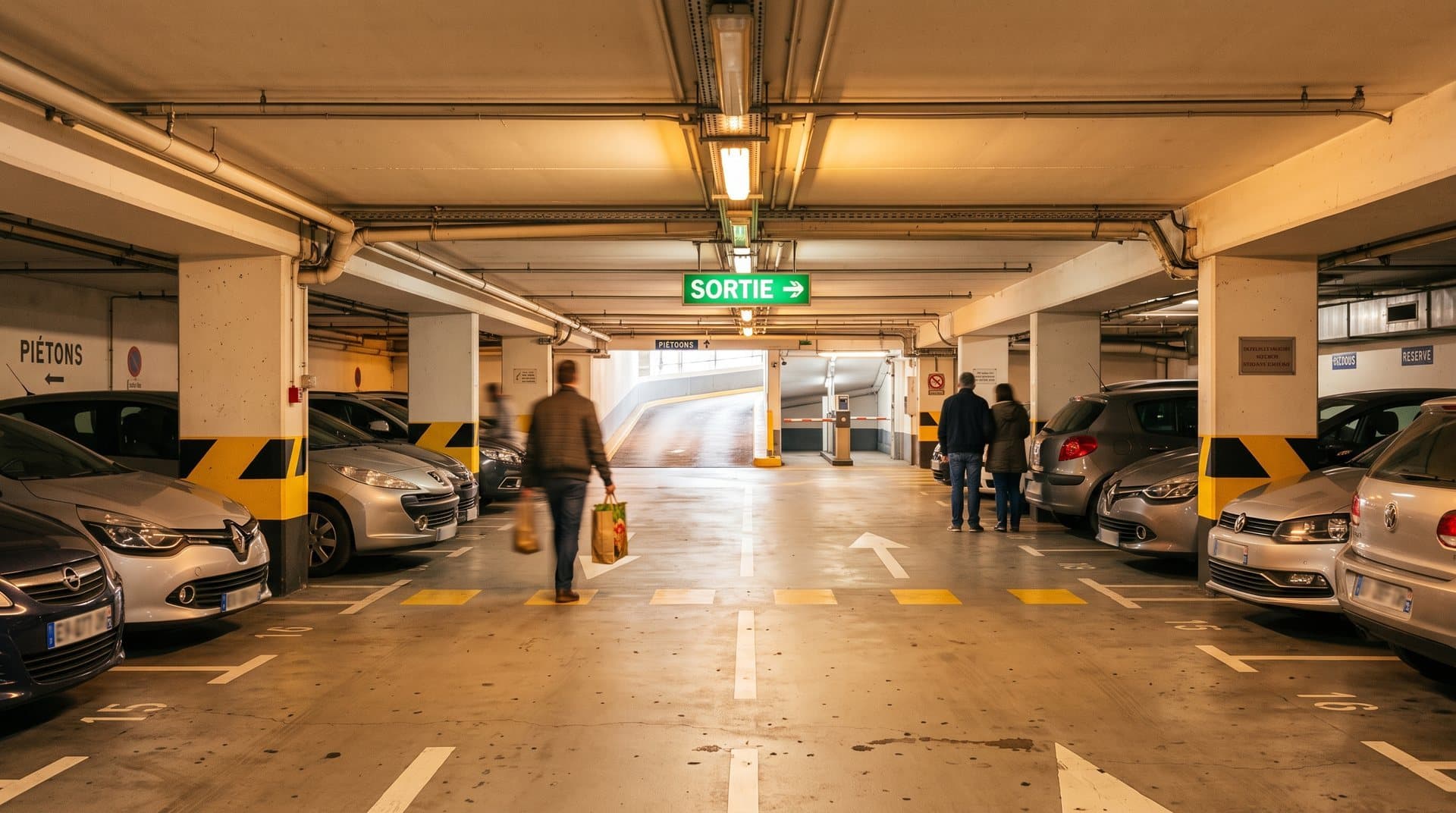 Parking souterrain français avec voitures, marquage au sol et sortie