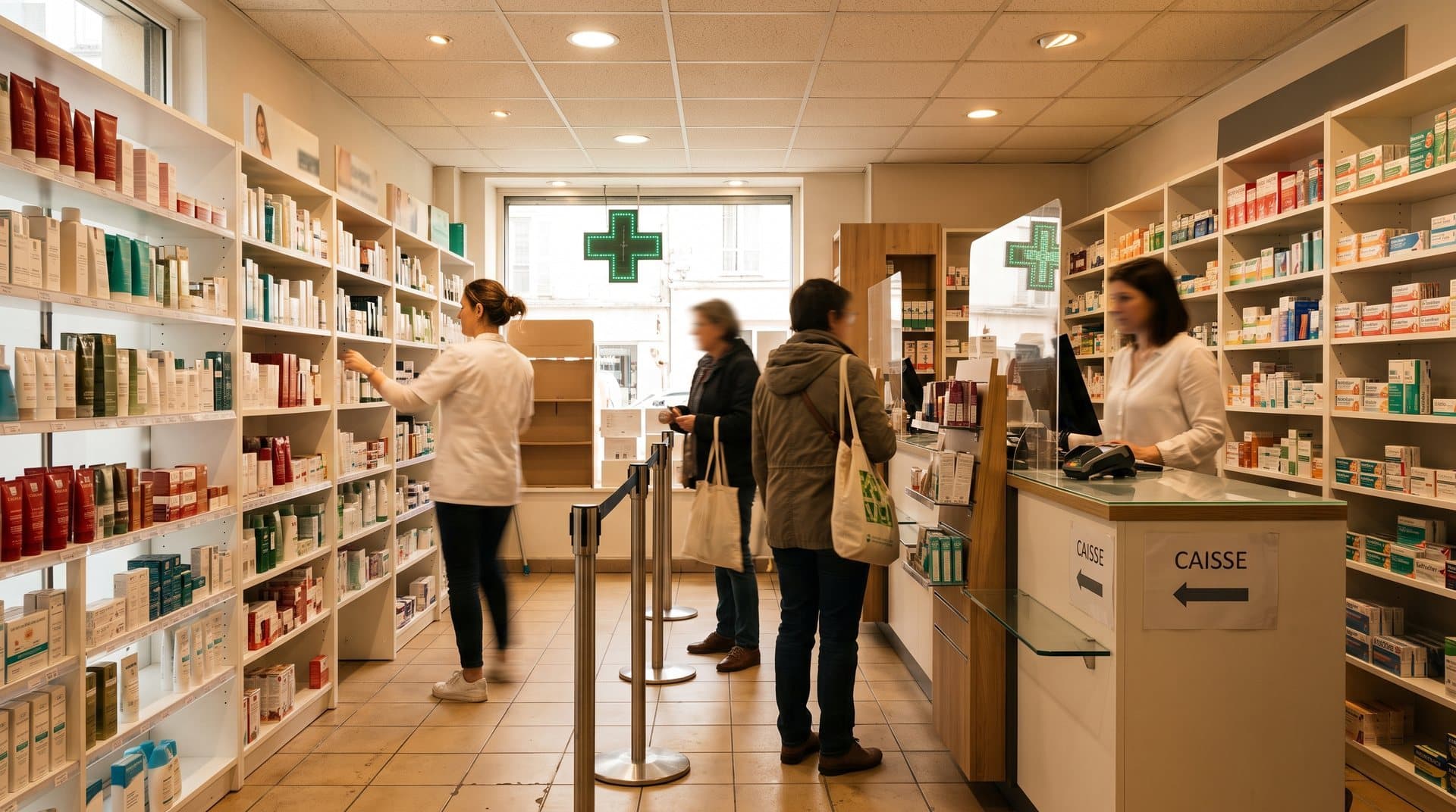 Pharmacie française avec rayons, comptoir et pharmacien en service