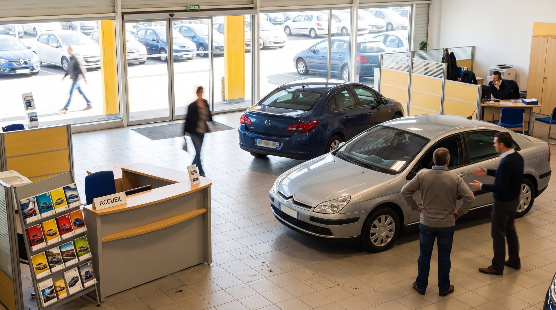 Showroom automobile avec voitures, conseiller et clients