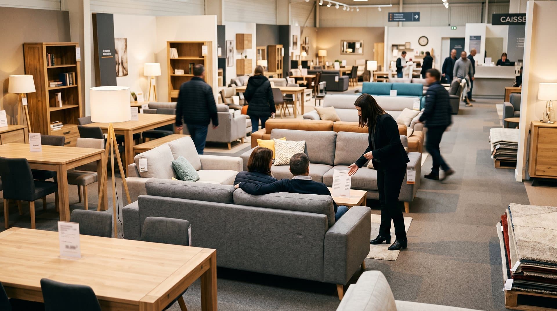 Showroom mobilier avec canapés, tables et clients
