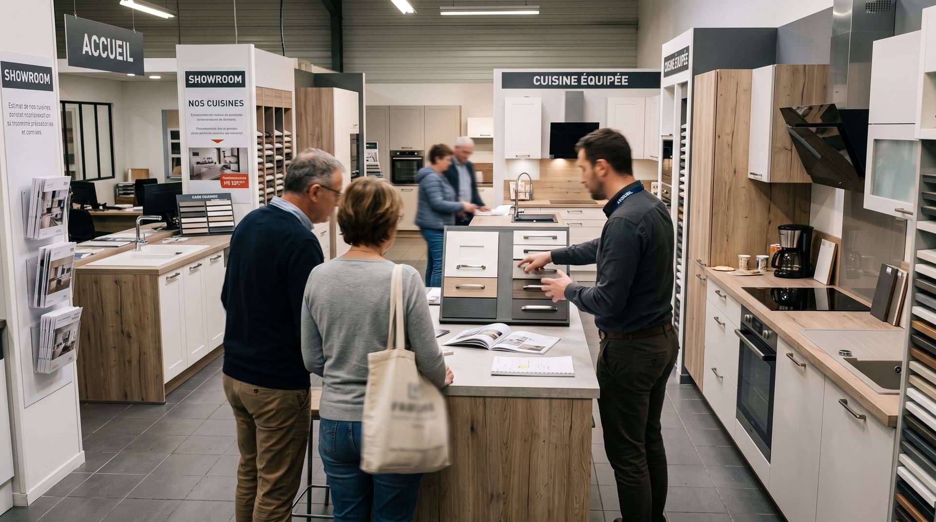 Showroom cuisine avec îlots, plans de travail et conseil client