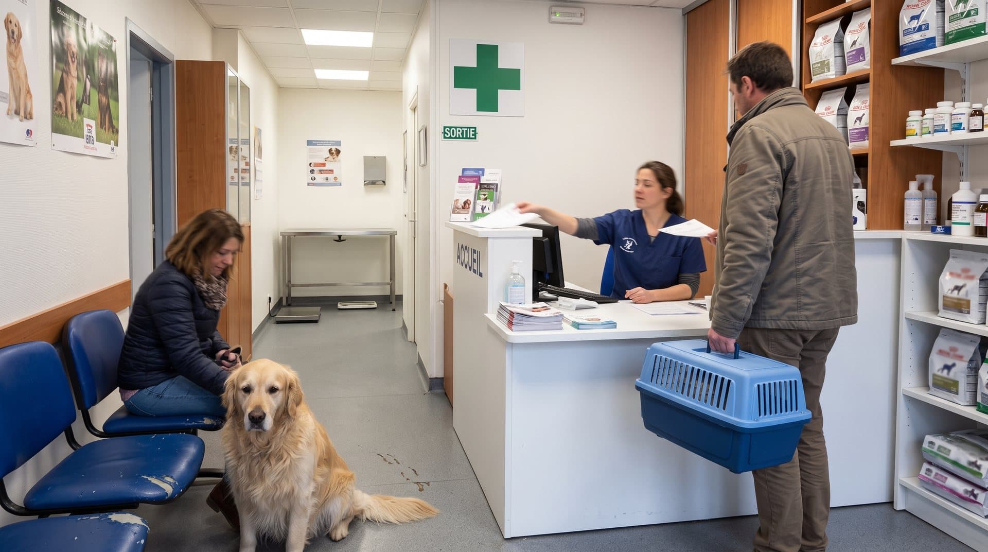 Clinique vétérinaire avec accueil, animal et salle d'examen